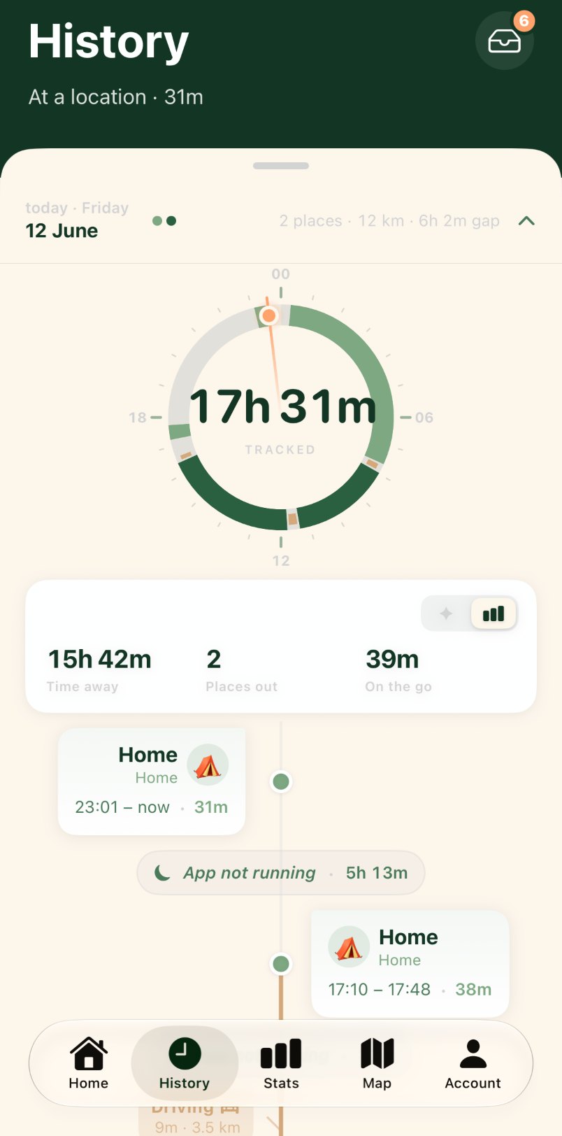 The History screen in Tid: hours tracked, time away, places visited and a timeline for one day.